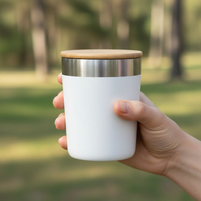 Double-Layer Outdoor Coffee Mug with Wood Lid, Camping, Stainless Steel, 1CP2429缩略图