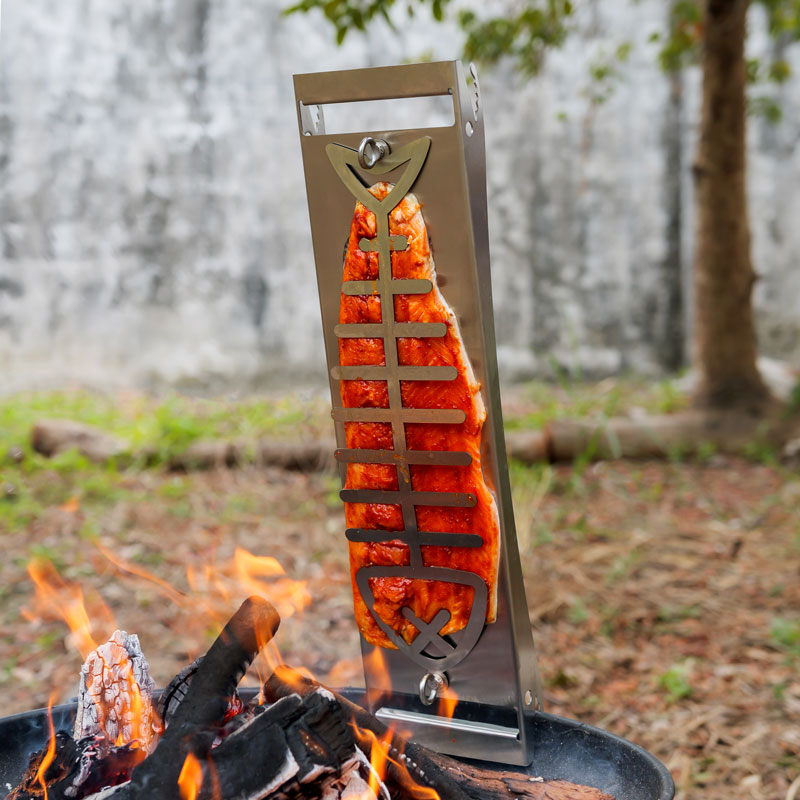 Stainless Steel Flame Salmon Board with Fish-Bone Holder, for Fire Pit, FSB07
