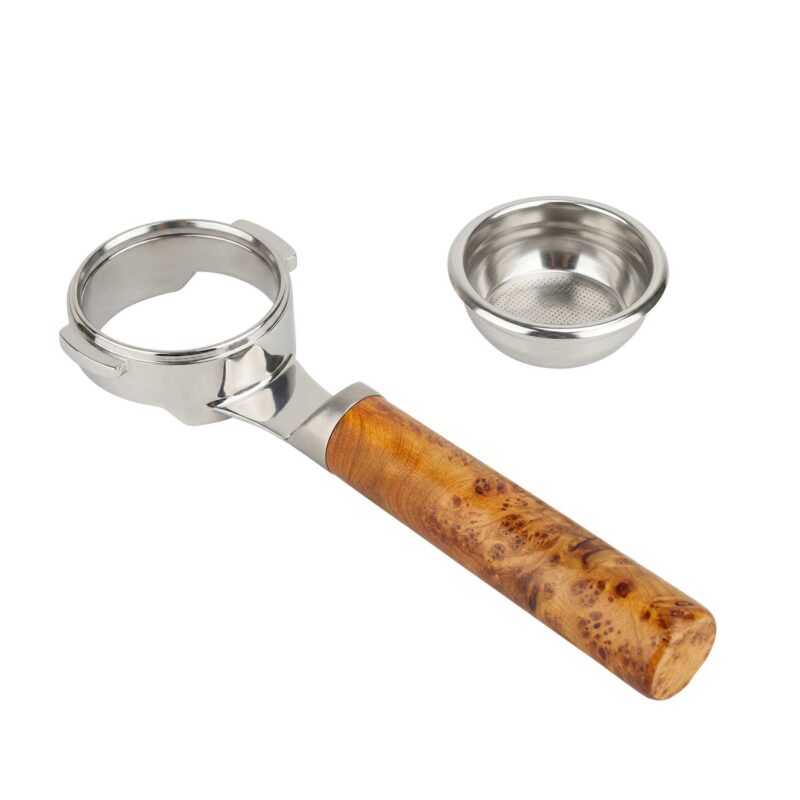 E61 Stainless Steel Bottomless Naked Portafilter with Wood Handle
